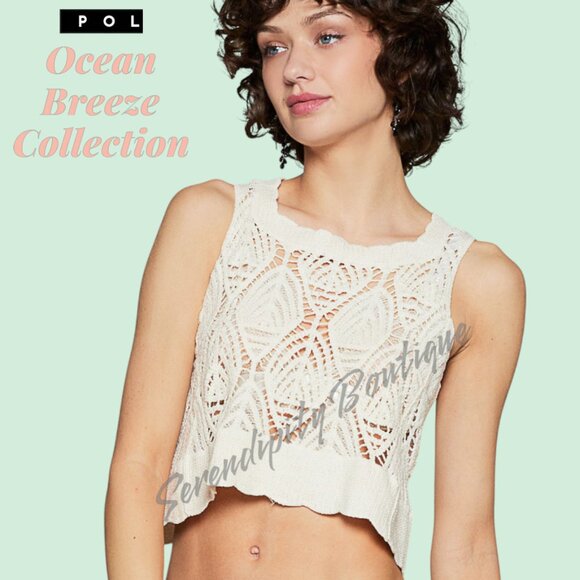 POL Natural Crochet Scalloped Baggy 100% Cotton Tank Crop Top - Picture 5 of 10